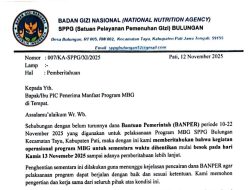 Foto: Pemberitahuan resmi mengenai penghentian sementara ini tertuang jelas dalam surat resmi SPPG Bulungan dengan Nomor 007/KA-SPPG/XI/2025.(Portalljateng/Hil)